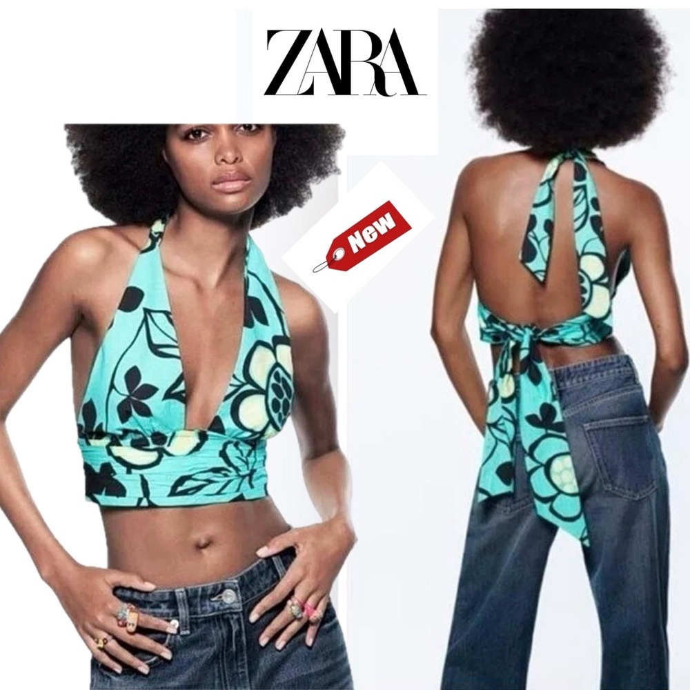 Zara turquoise blue Daisy flower open tie back halter crop top Sz S NWT festival